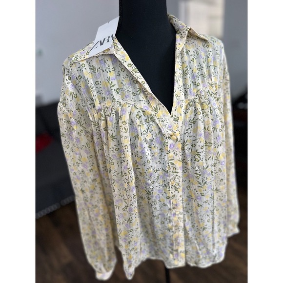 NWT Zara shirt summer yellow Floral Print Blouse Long Sleeve Lightweight Size S‎ - Picture 1 of 9